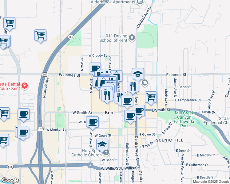 map of restaurants, bars, coffee shops, grocery stores, and more near 426 Ramsay Way in Kent