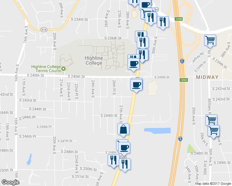 map of restaurants, bars, coffee shops, grocery stores, and more near 24054 26th Pl S in Des Moines