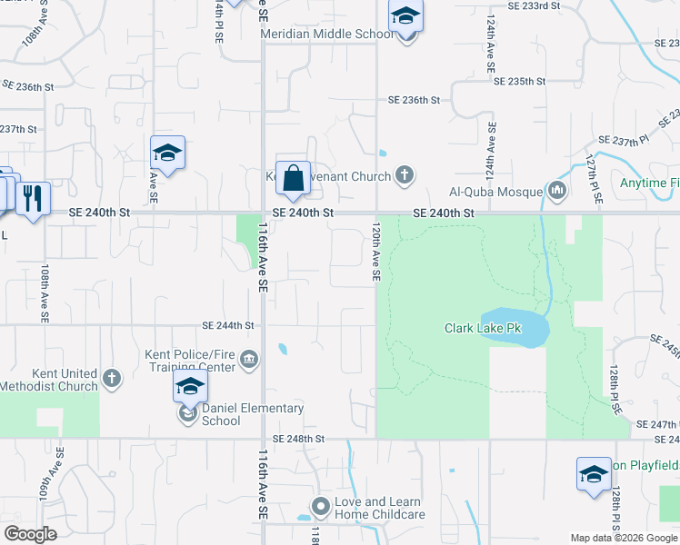 map of restaurants, bars, coffee shops, grocery stores, and more near 11832 Southeast 242nd Street in Kent