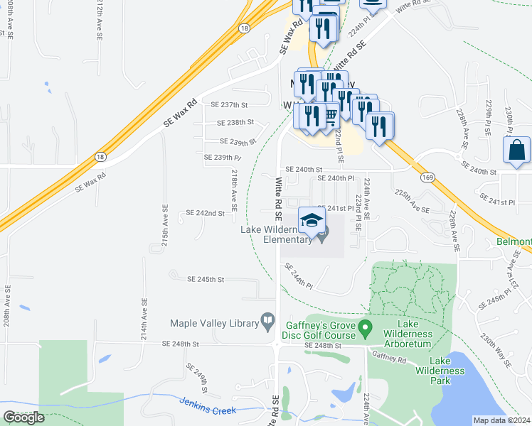 map of restaurants, bars, coffee shops, grocery stores, and more near 21927 Southeast 242nd Street in Maple Valley