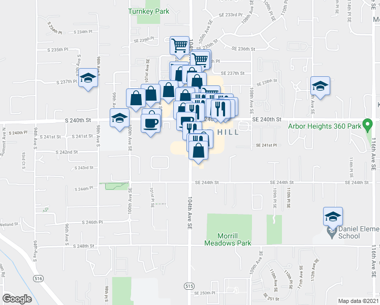 map of restaurants, bars, coffee shops, grocery stores, and more near 24203 104th Avenue Southeast in Kent