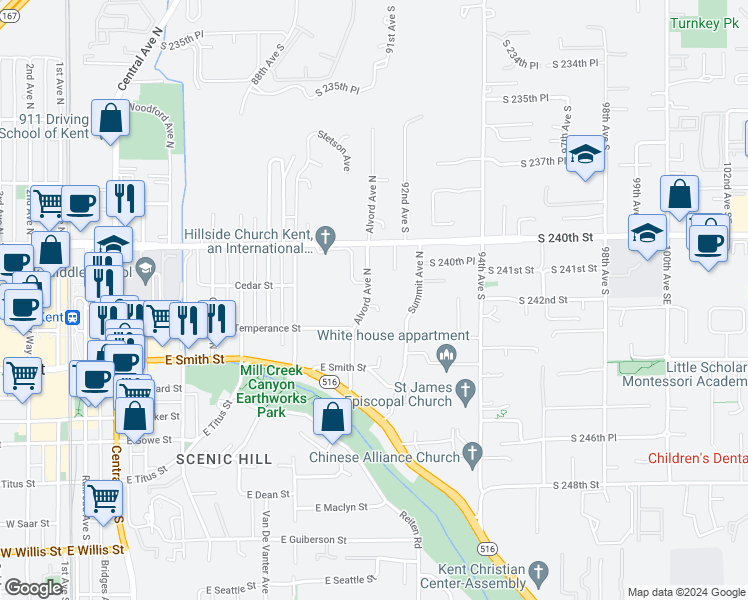 map of restaurants, bars, coffee shops, grocery stores, and more near 424 Alvord Avenue North in Kent