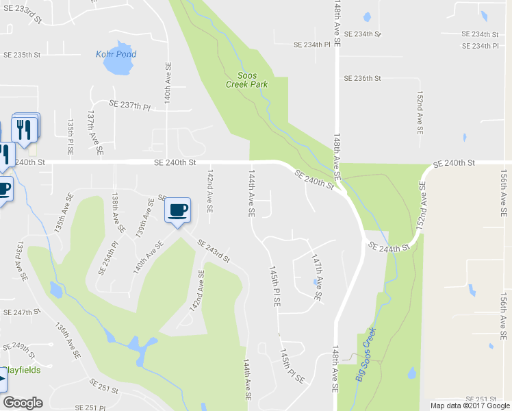 map of restaurants, bars, coffee shops, grocery stores, and more near 14409 Southeast 241st Place in Kent