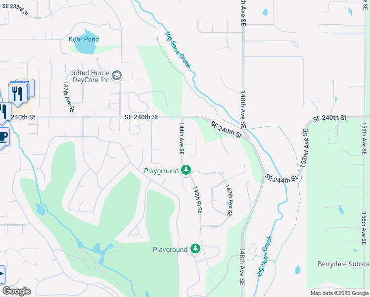 map of restaurants, bars, coffee shops, grocery stores, and more near 14409 Southeast 241st Place in Kent