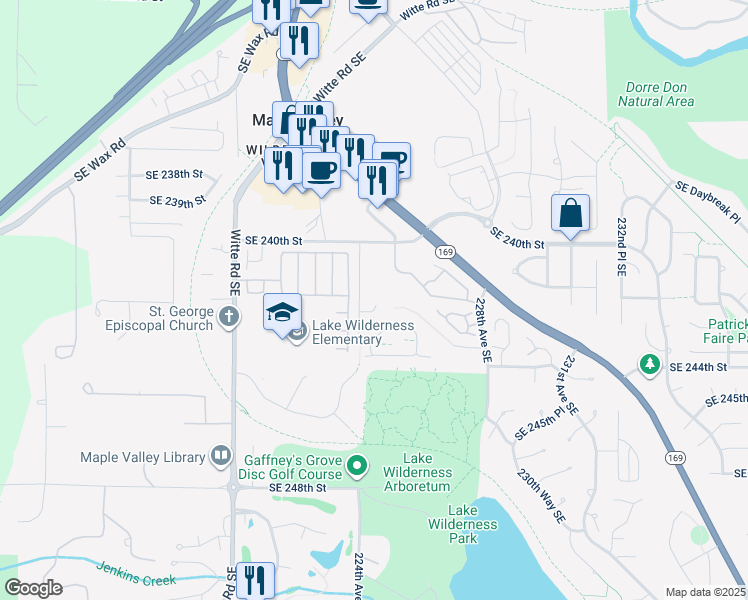 map of restaurants, bars, coffee shops, grocery stores, and more near 24200 224th Avenue Southeast in Maple Valley