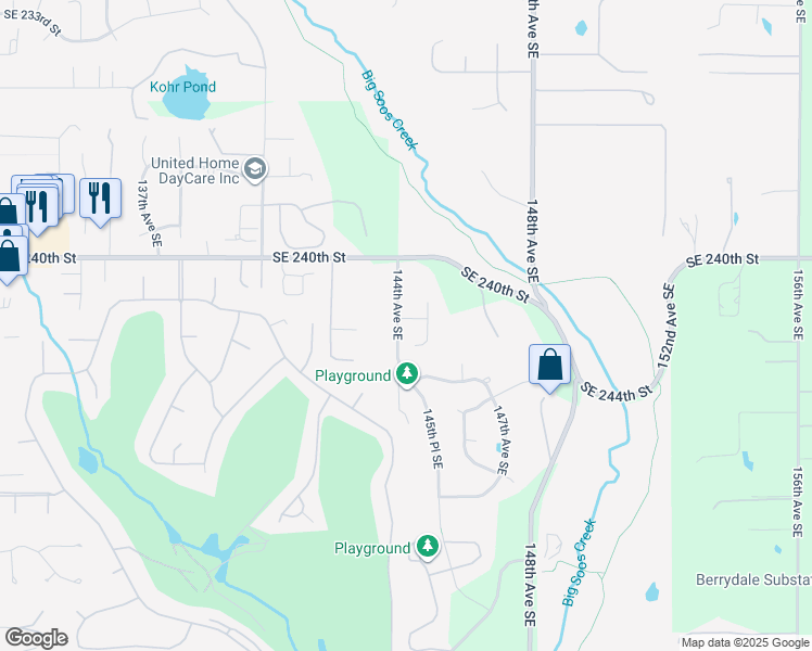 map of restaurants, bars, coffee shops, grocery stores, and more near 14409 Southeast 241st Place in Kent