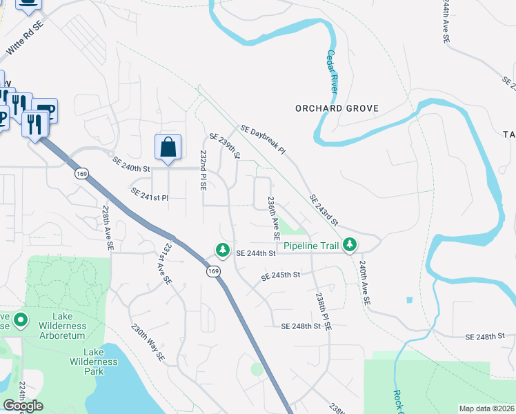 map of restaurants, bars, coffee shops, grocery stores, and more near 24202 235th Avenue Southeast in Maple Valley