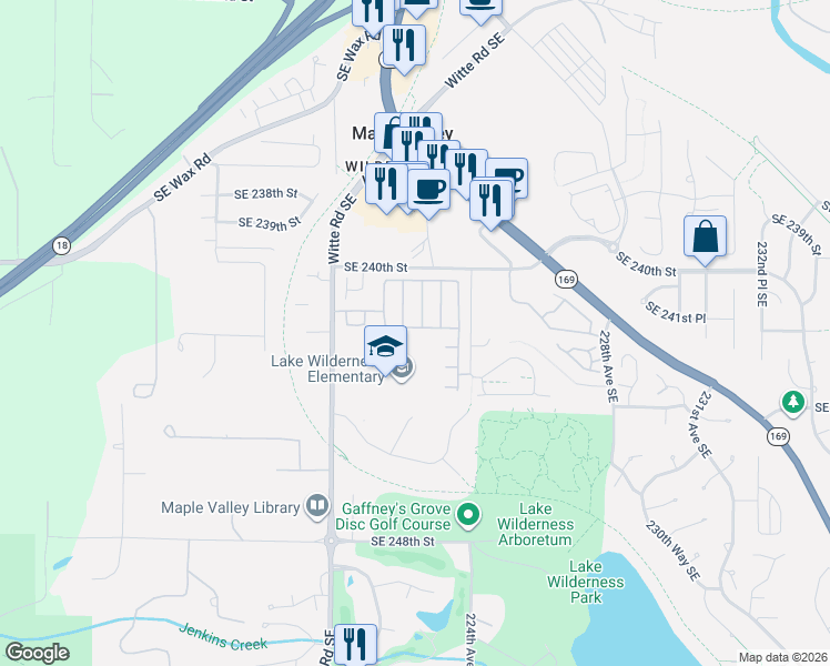 map of restaurants, bars, coffee shops, grocery stores, and more near 22229 Southeast 241st Place in Maple Valley