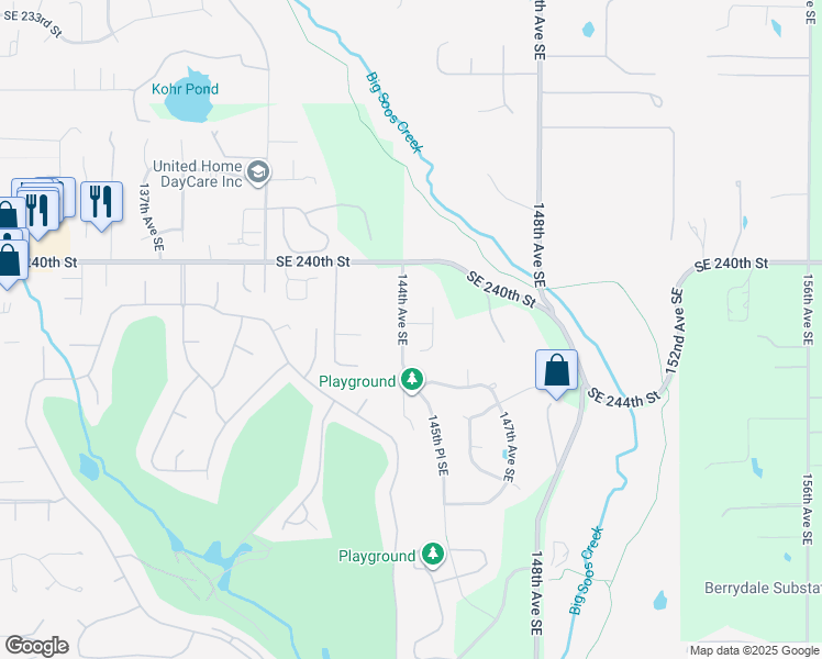 map of restaurants, bars, coffee shops, grocery stores, and more near 14409 Southeast 241st Place in Kent