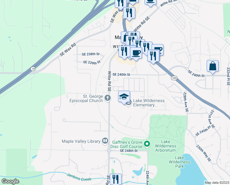 map of restaurants, bars, coffee shops, grocery stores, and more near 22029 Southeast 241st Lane in Maple Valley
