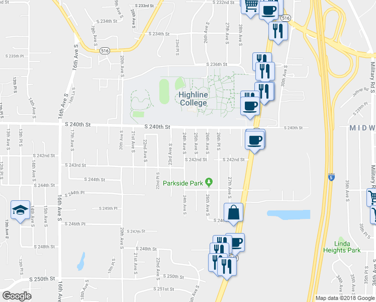 map of restaurants, bars, coffee shops, grocery stores, and more near 24104 24th Avenue South in Des Moines
