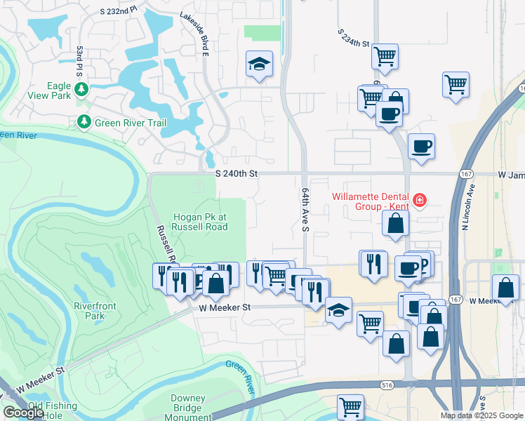 map of restaurants, bars, coffee shops, grocery stores, and more near 24126 62nd Way South in Kent