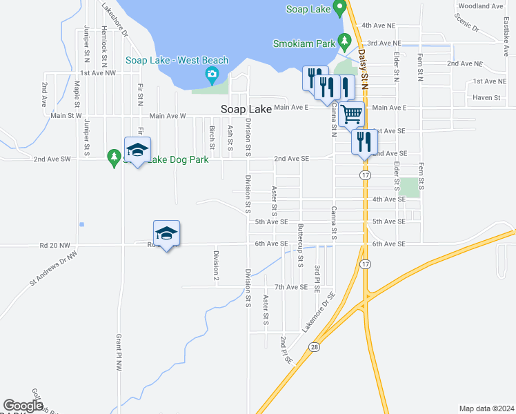 map of restaurants, bars, coffee shops, grocery stores, and more near 430 Division Street North in Soap Lake