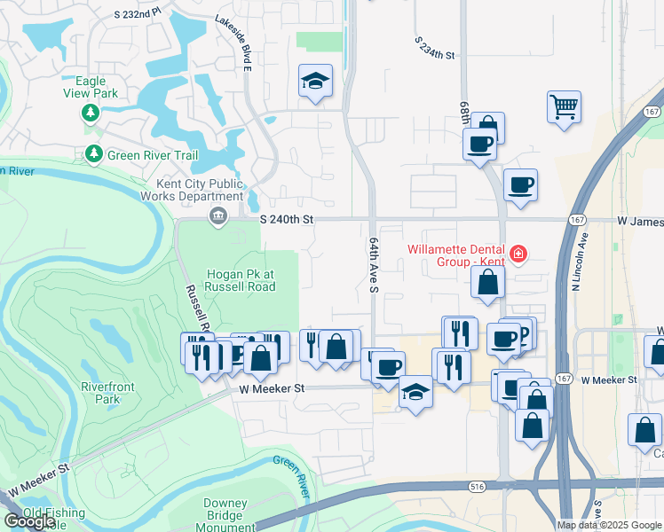 map of restaurants, bars, coffee shops, grocery stores, and more near 24126 62nd Way South in Kent