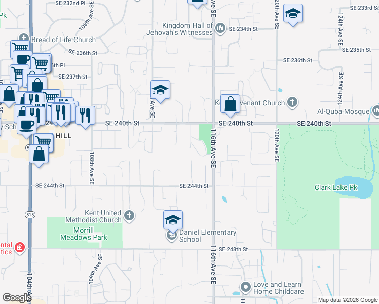 map of restaurants, bars, coffee shops, grocery stores, and more near 24127 114th Place Southeast in Kent