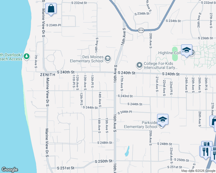 map of restaurants, bars, coffee shops, grocery stores, and more near 24133 15th Avenue South in Des Moines
