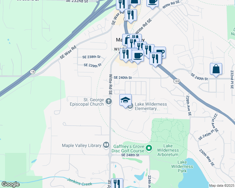 map of restaurants, bars, coffee shops, grocery stores, and more near 22029 Southeast 241st Lane in Maple Valley