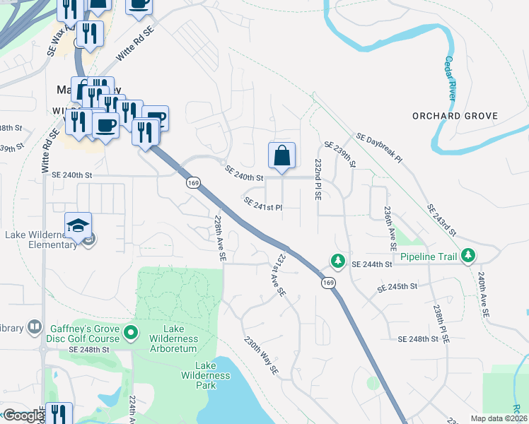 map of restaurants, bars, coffee shops, grocery stores, and more near 24207 231st Avenue Southeast in Maple Valley