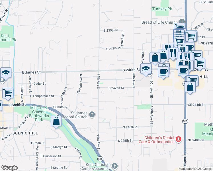 map of restaurants, bars, coffee shops, grocery stores, and more near 9501 South 242nd Street in Kent