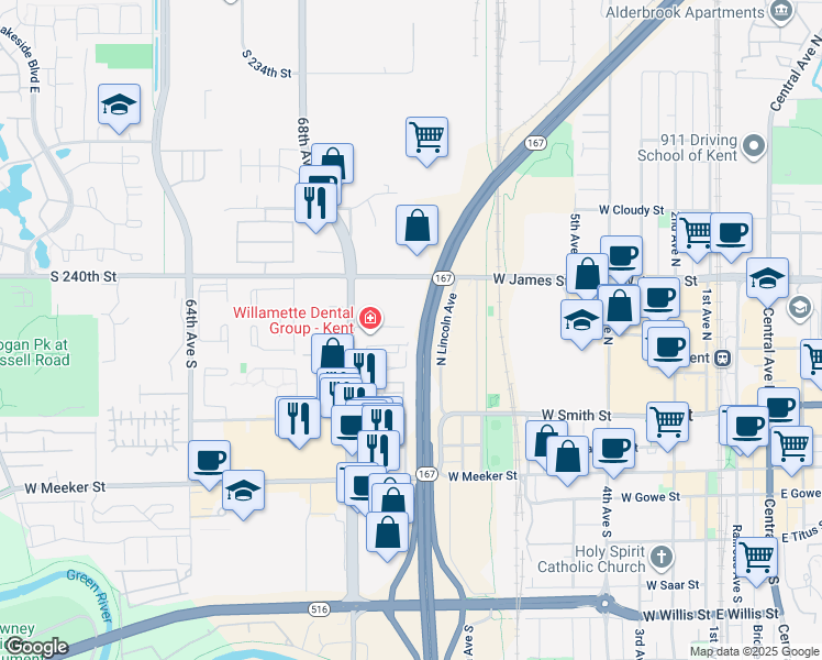 map of restaurants, bars, coffee shops, grocery stores, and more near 1027 West Sam Street in Kent