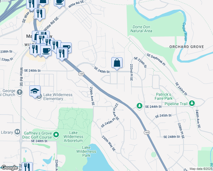map of restaurants, bars, coffee shops, grocery stores, and more near 22925 Southeast 241st Place in Maple Valley