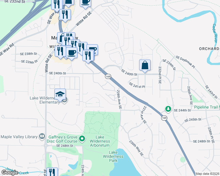 map of restaurants, bars, coffee shops, grocery stores, and more near 22435 Southeast 240th Street in Maple Valley