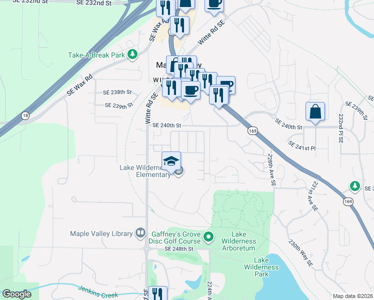 map of restaurants, bars, coffee shops, grocery stores, and more near 22229 Southeast 241st Place in Maple Valley