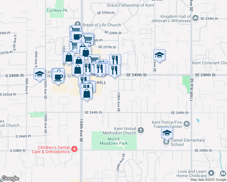 map of restaurants, bars, coffee shops, grocery stores, and more near 10720 Southeast 242nd Street in Kent