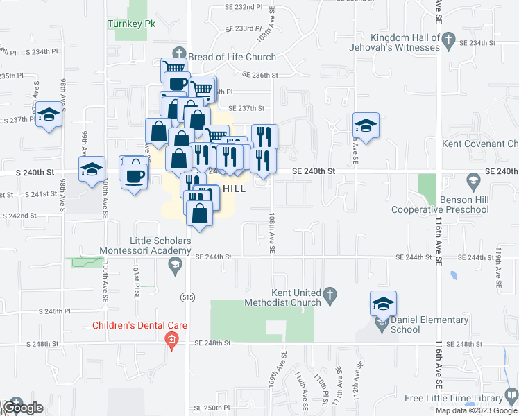 map of restaurants, bars, coffee shops, grocery stores, and more near 10720 Southeast 242nd Street in Kent