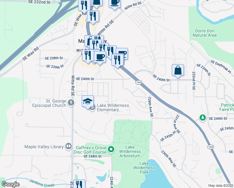 map of restaurants, bars, coffee shops, grocery stores, and more near 24200 224th Avenue Southeast in Maple Valley