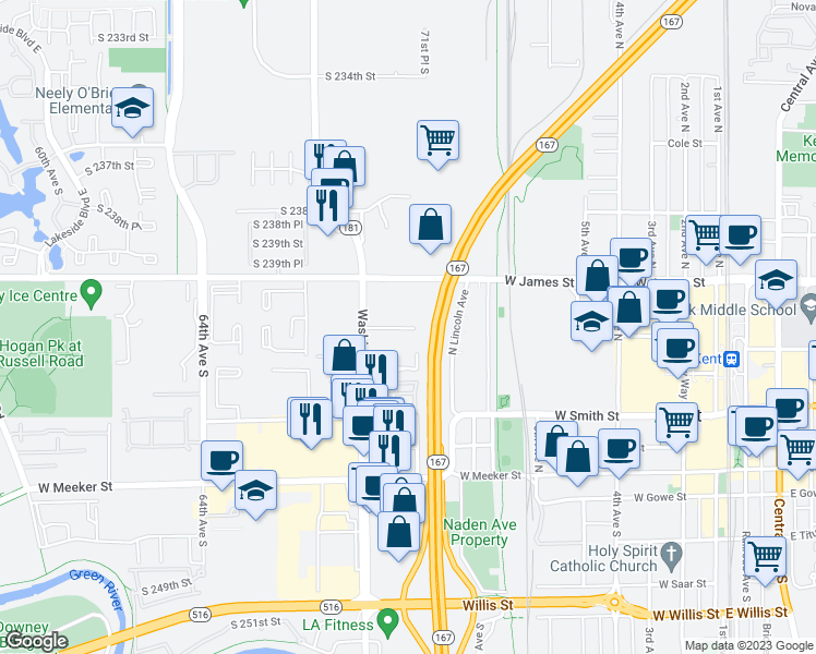 map of restaurants, bars, coffee shops, grocery stores, and more near 1027 West Sam Street in Kent