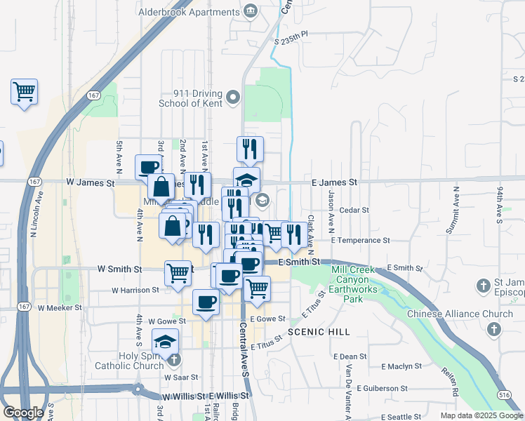 map of restaurants, bars, coffee shops, grocery stores, and more near 620 Central Avenue North in Kent