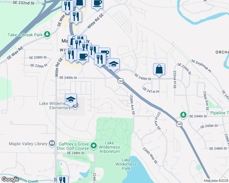 map of restaurants, bars, coffee shops, grocery stores, and more near 23015 Southeast 216th Way in Maple Valley