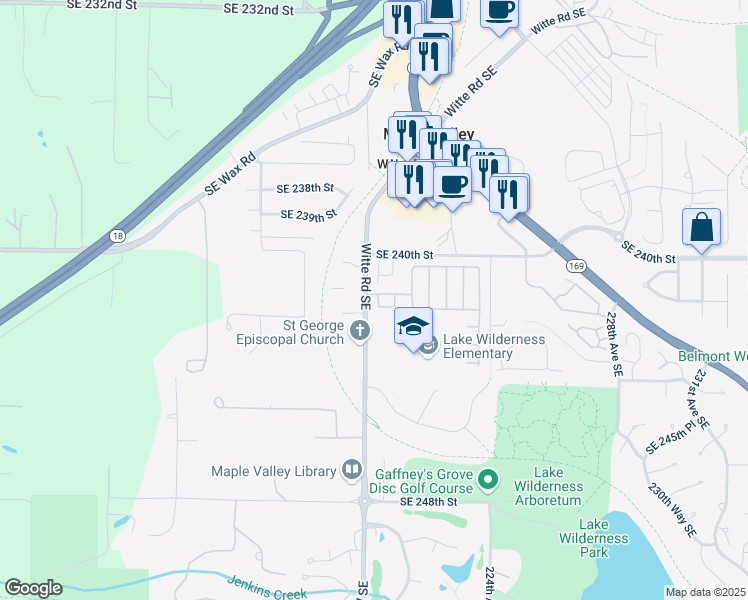 map of restaurants, bars, coffee shops, grocery stores, and more near 24216 Witte Road Southeast in Maple Valley