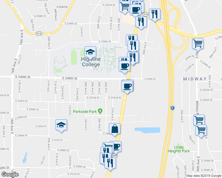 map of restaurants, bars, coffee shops, grocery stores, and more near 24054 26th Place South in Des Moines