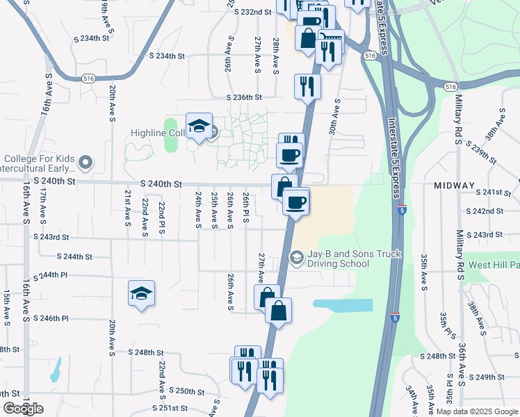 map of restaurants, bars, coffee shops, grocery stores, and more near 24018 26th Place South in Des Moines
