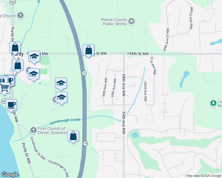 map of restaurants, bars, coffee shops, grocery stores, and more near 13924 55th Avenue Northwest in Gig Harbor