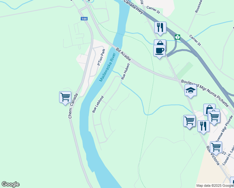 map of restaurants, bars, coffee shops, grocery stores, and more near 48 Rue Hubert in Edmundston