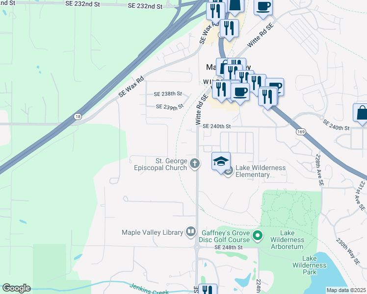 map of restaurants, bars, coffee shops, grocery stores, and more near 21927 Southeast 242nd Street in Maple Valley