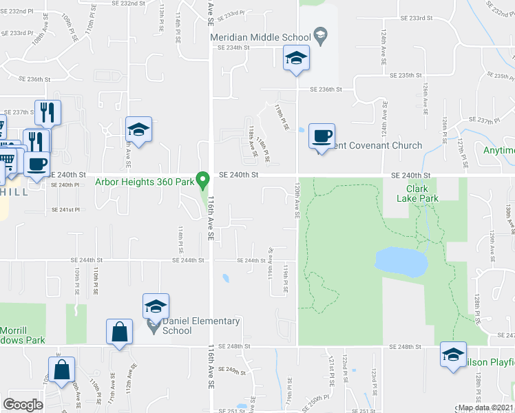 map of restaurants, bars, coffee shops, grocery stores, and more near 11715 Southeast 242nd Street in Kent