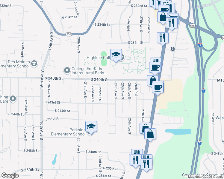 map of restaurants, bars, coffee shops, grocery stores, and more near 24104 24th Avenue South in Des Moines