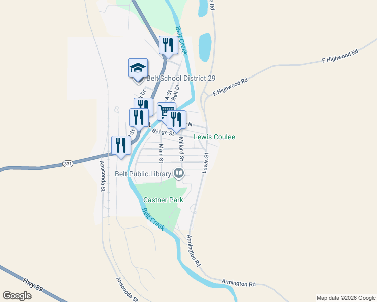 map of restaurants, bars, coffee shops, grocery stores, and more near 302 Millard Street in Belt
