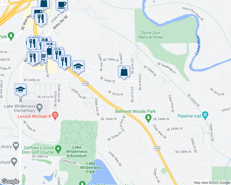 map of restaurants, bars, coffee shops, grocery stores, and more near 22925 Southeast 241st Place in Maple Valley