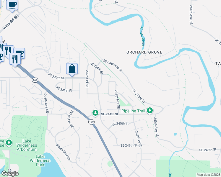 map of restaurants, bars, coffee shops, grocery stores, and more near 24202 235th Avenue Southeast in Maple Valley