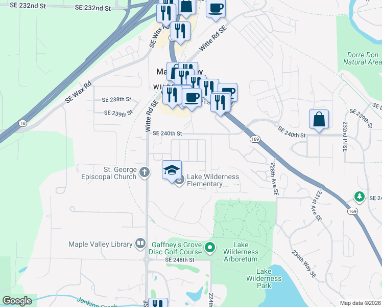 map of restaurants, bars, coffee shops, grocery stores, and more near 24068 222nd Place Southeast in Maple Valley