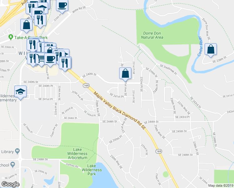 map of restaurants, bars, coffee shops, grocery stores, and more near 22925 Southeast 241st Place in Maple Valley
