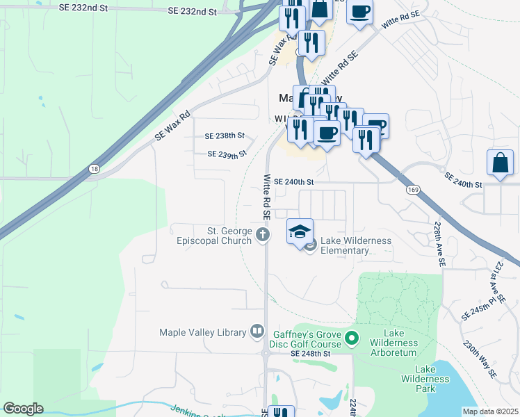map of restaurants, bars, coffee shops, grocery stores, and more near 21927 Southeast 242nd Street in Maple Valley