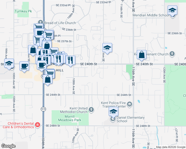map of restaurants, bars, coffee shops, grocery stores, and more near 24028 110th Place Southeast in Kent