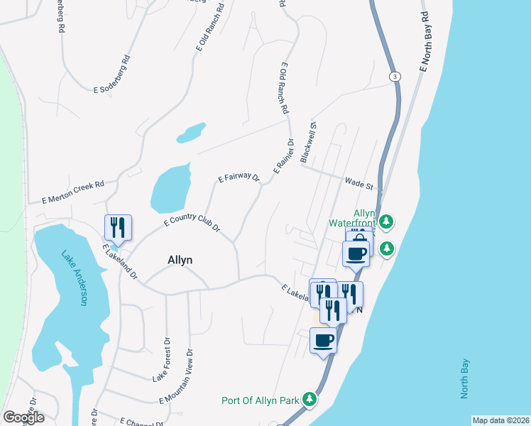map of restaurants, bars, coffee shops, grocery stores, and more near 141 East Allynview Drive in Mason County
