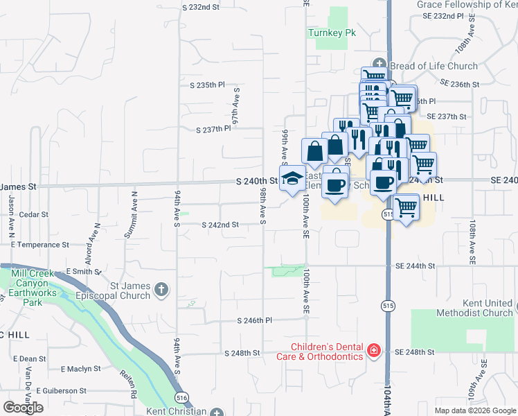 map of restaurants, bars, coffee shops, grocery stores, and more near 24055 98th Avenue South in Kent